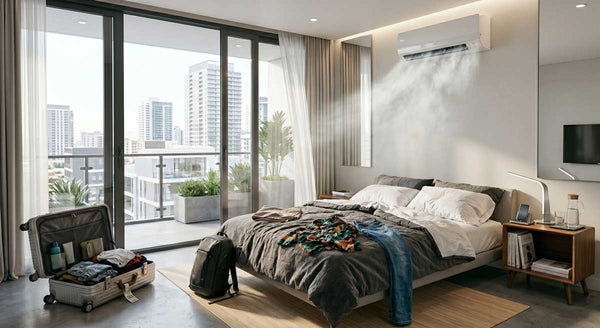 Rental apartment with the AC running and the balcony door wide open