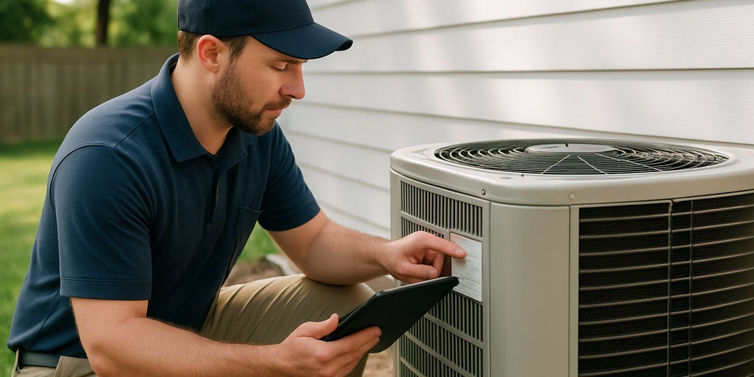 HVAC technician checking the nameplate on an outdoor AC condenser with a tablet