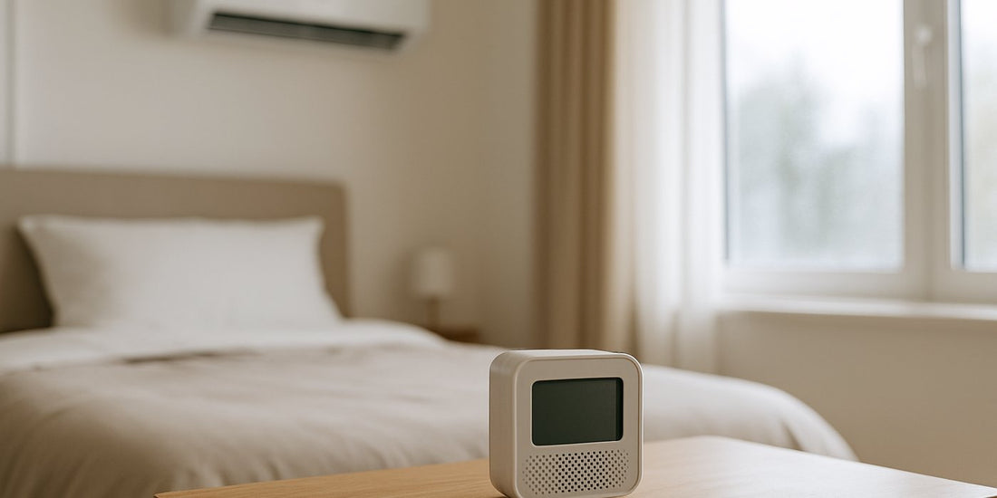 Indoor air quality monitor on a bedside table near a wall-mounted air conditioner