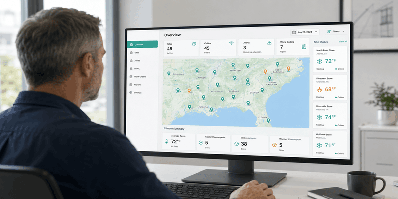 Manager viewing a multi-site facilities dashboard