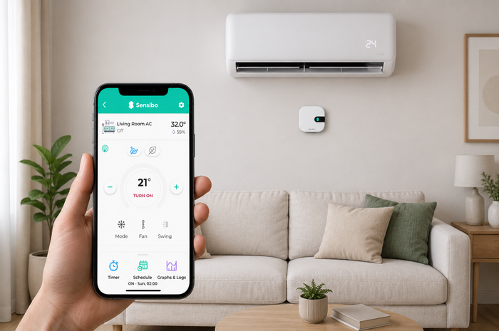 Sensibo app on a phone controlling the AC in several rooms
